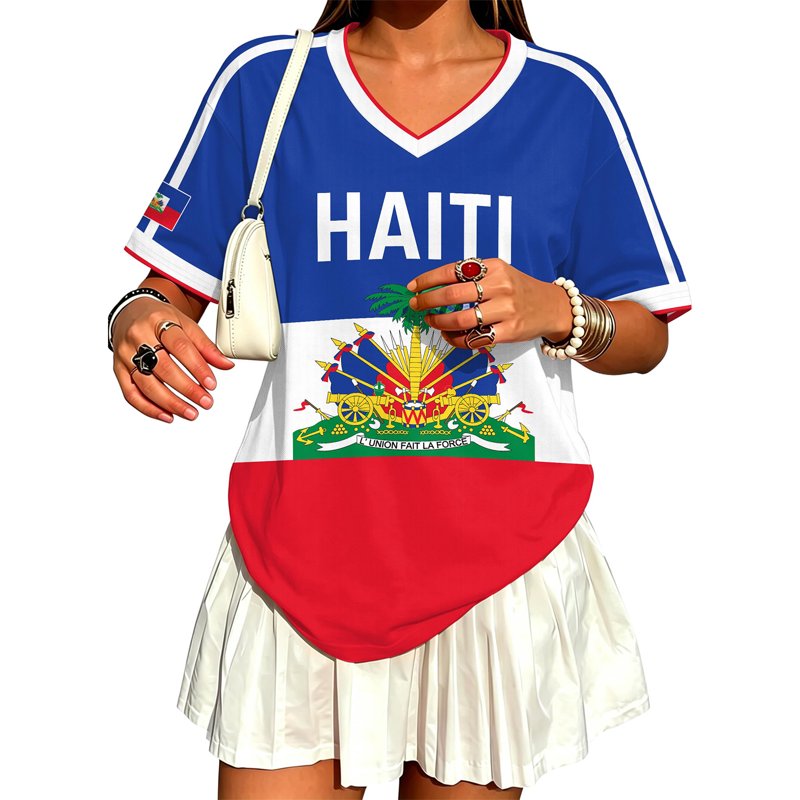 Haiti Soccer Jersey for Women – V-Neck Short Sleeve Shirt, Blue, L (Variation: Blue, L)
