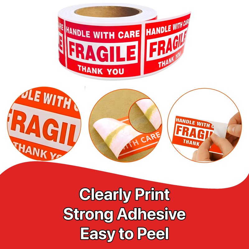 Fragile Handle with Care Shipping Labels - Red 2x3 Inch, 500 Stickers