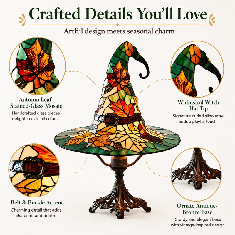 Diceymbol Stained Glass Witch Hat Table Lamp 8 Inch – Gothic Halloween Night Light (Variation: R)