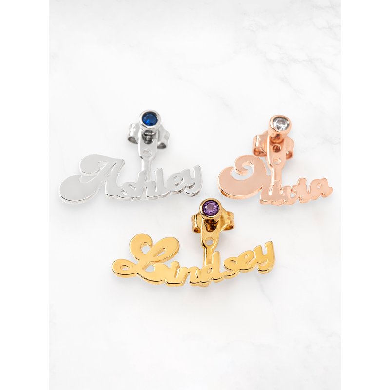 Personalized Birthstone Earrings with Name and Bubble Script - Gold, Silver, Rose Gold