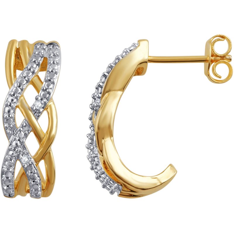 Diamond Accent Gold Tone Hoop Earrings with Criss Cross Design