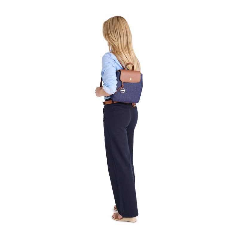 Women's Denim Backpack with Signature Logo - Adjustable Shoulder Straps