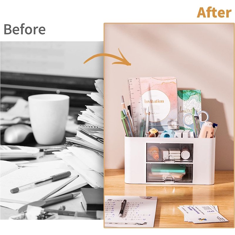 Multi-Functional Pen Organizer with 2 Drawers and Compartments - White Desk Storage