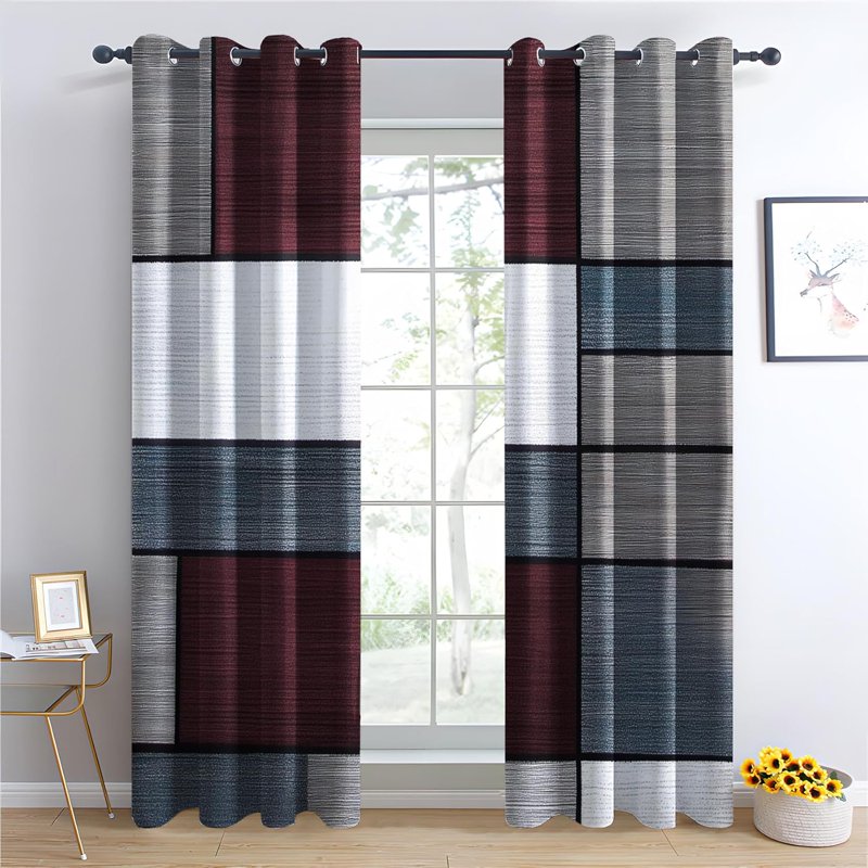 Geometric Color Block Blackout Curtains for Bedroom & Living Room - Thermal Insulated Grommet Drapes Set