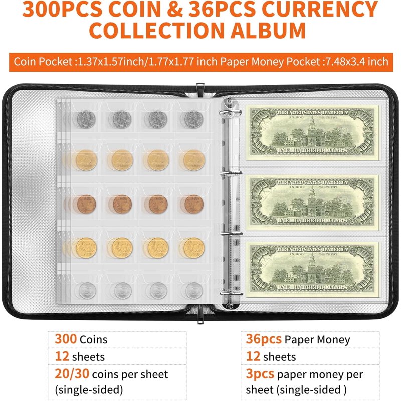 Fireproof Coin Collection Book - Holds 300 Coins & 36 Currency Sleeves, Fire-Resistant Storage Case for Collectors