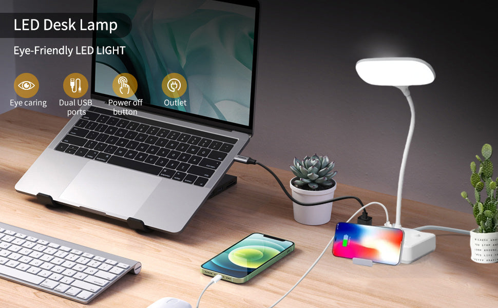 LED Desk Lamp with USB Charging & Power Outlets, 4ft Extension Cord, Adjustable Light