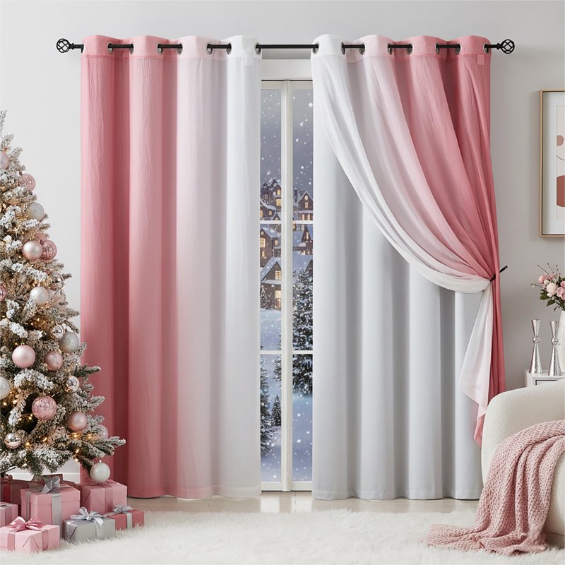 Blackout & Sheer Curtain Set - Pink Ombre, Energy Efficient, 4 Panels