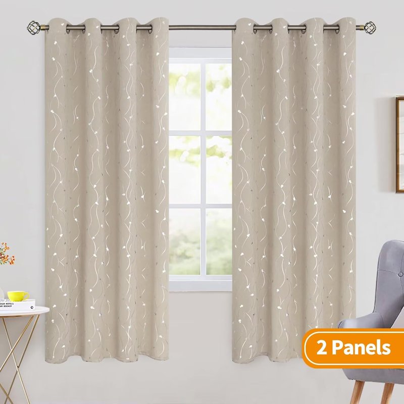 Blackout Curtains 72 Inch Length Set - Thermal Insulated Grommet Drapes with Wave Line & Dots Pattern