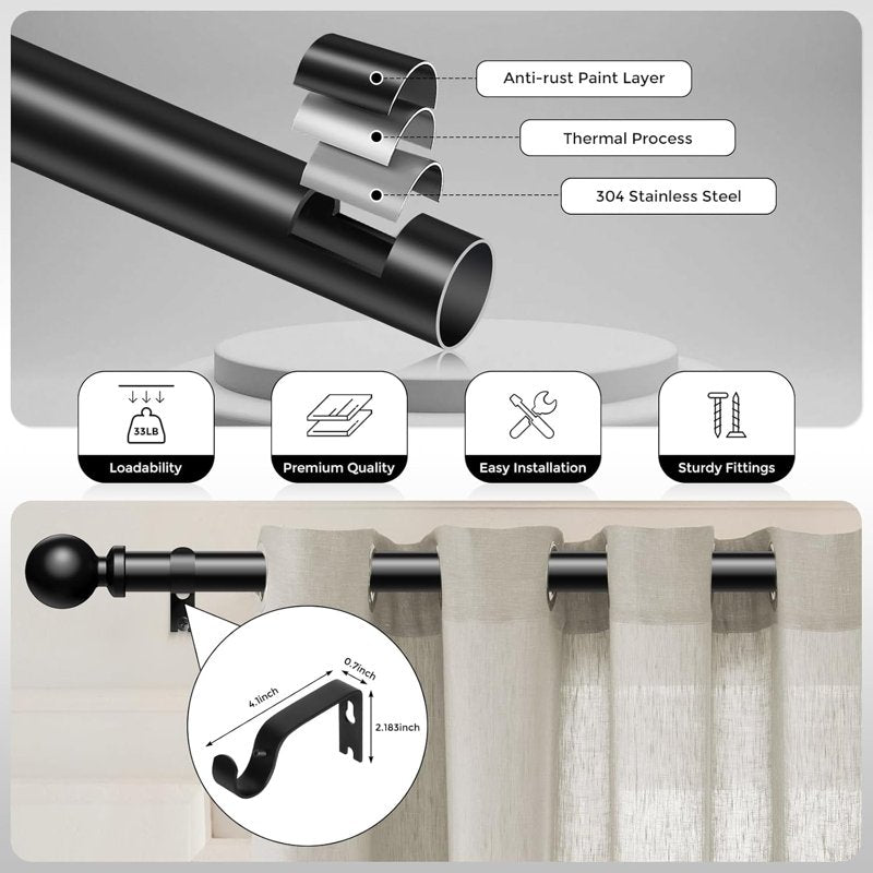 Heavy Duty Adjustable Curtain Rod 36-122 Inch Modern Window Treatment Pole