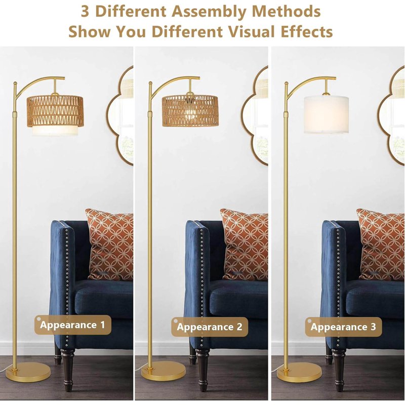 Modern Arc Floor Lamp with Remote, Dimmable LED & Dual Shades