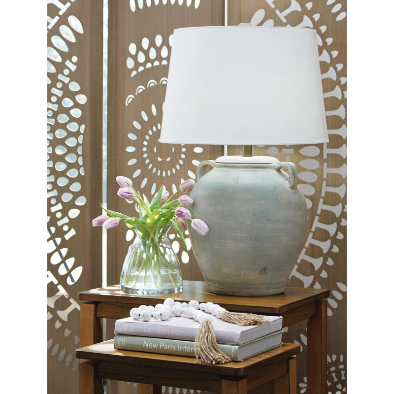 Terracotta Table Lamp with Green Finish and Drum Shade - 28.5 Inch