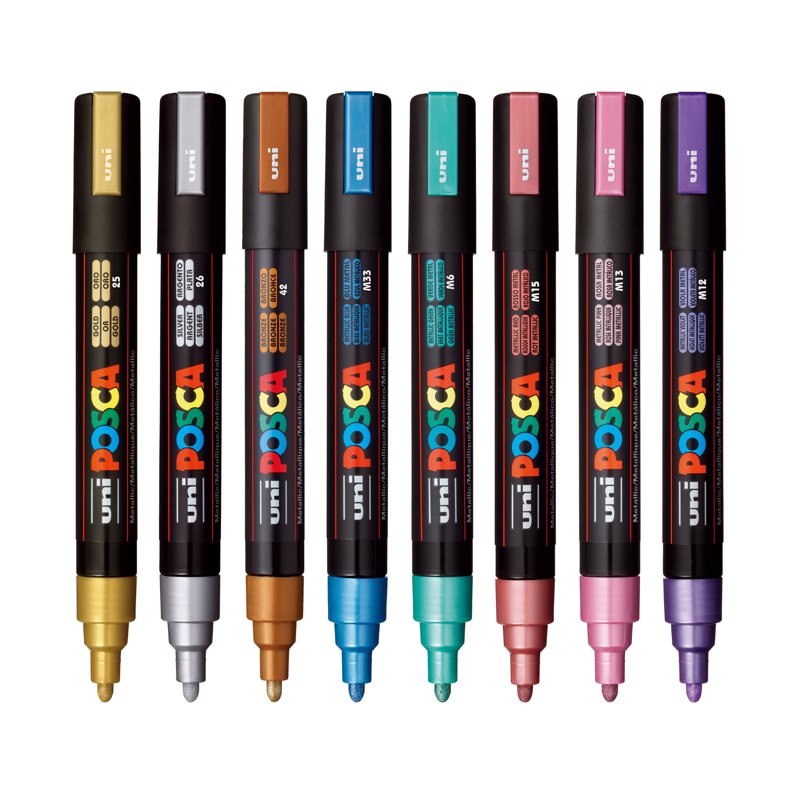 POSCA PC-5M Metallic Paint Markers Set - 8 Reversible 1.8-2.5mm Tips for Arts & Crafts
