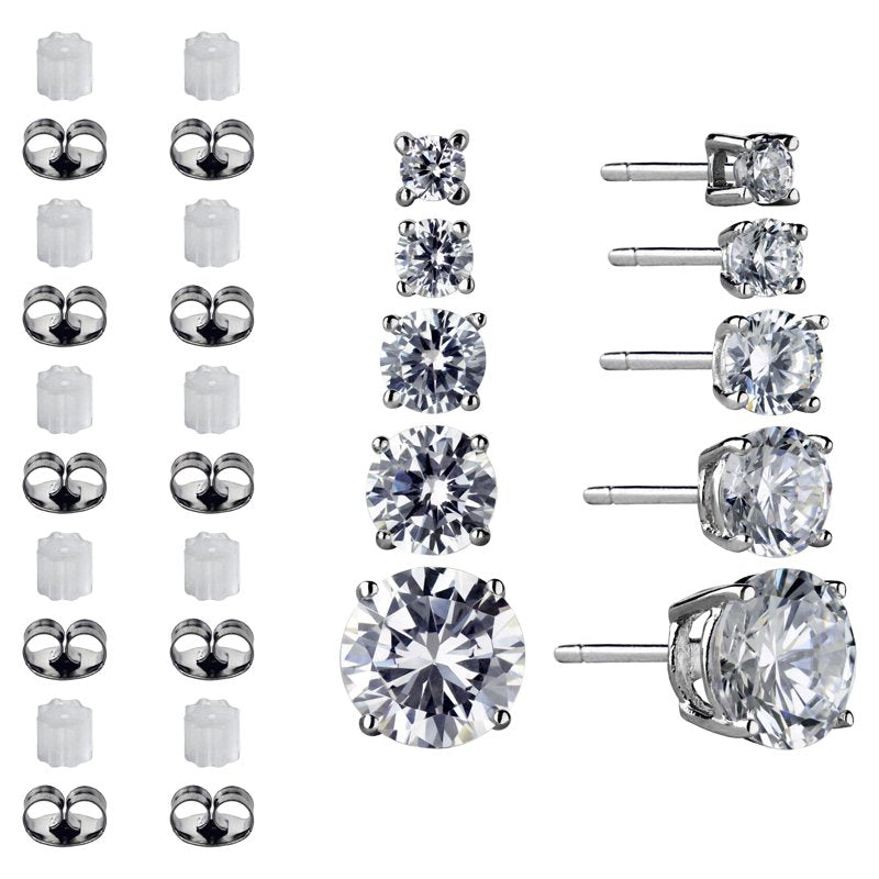 Sterling Silver Simulated Diamond Stud Earrings 5 Pairs - Women's Jewelry Set