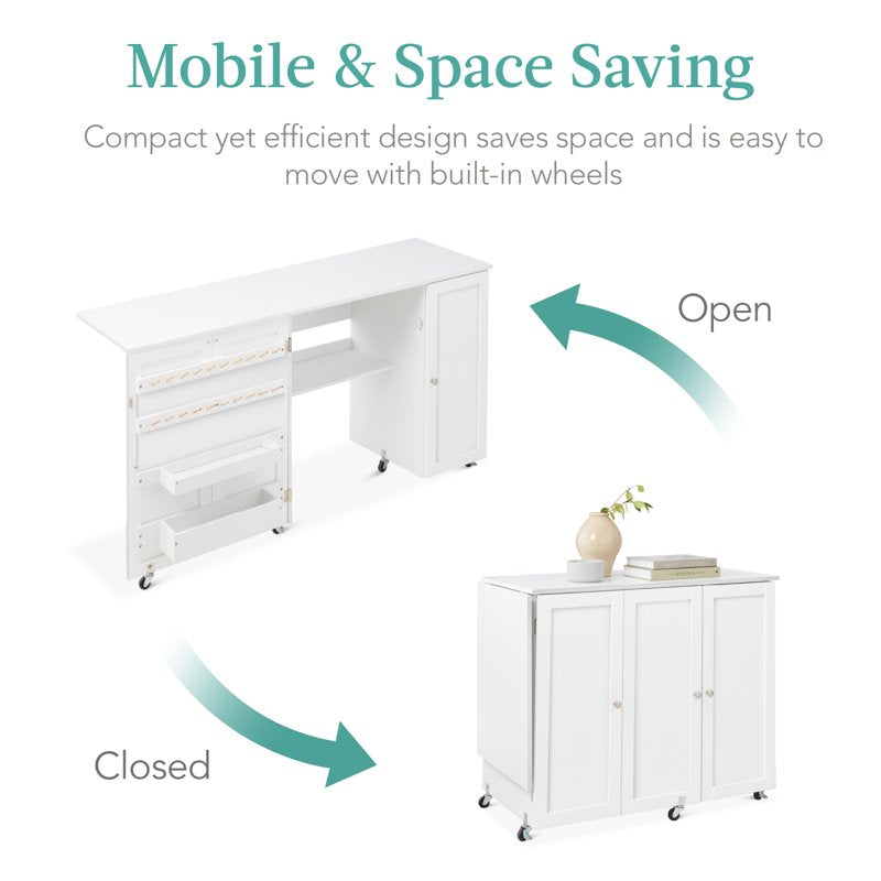 Large Folding Sewing & Craft Table with Storage, Magnetic Doors, Wheels