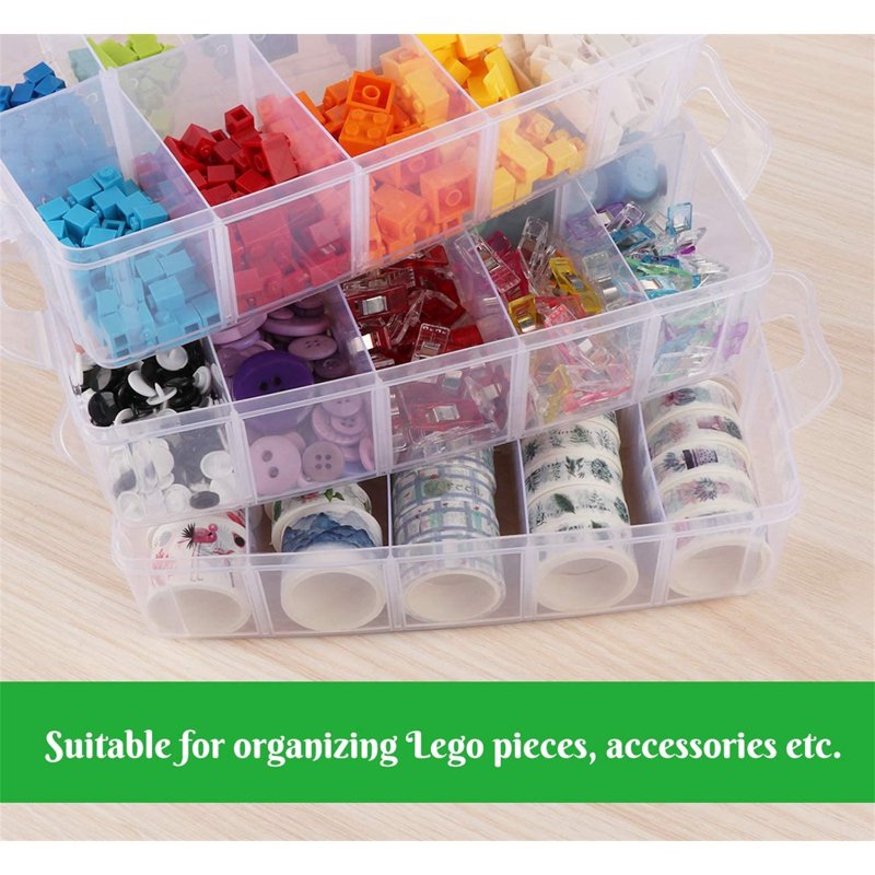 Large 3-Layer Clear Plastic Craft Storage Box with 30 Adjustable Compartments