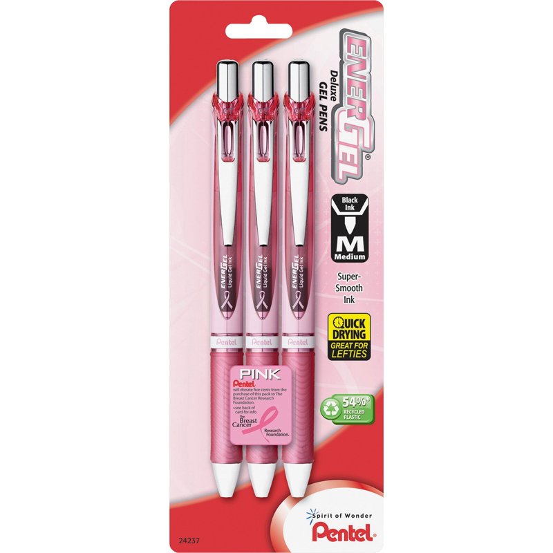 EnerGel Pink BCA Ribbon Gel Pen - Retractable Medium Point 0.7mm, 3-Pack