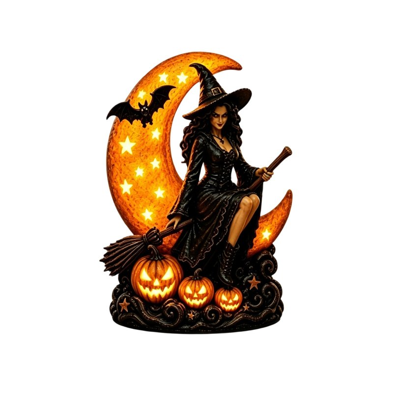 Halloween Witch Lamp with Glowing Moon and Pumpkin Decor Figurine - Spooky Gothic Tabletop Ornament