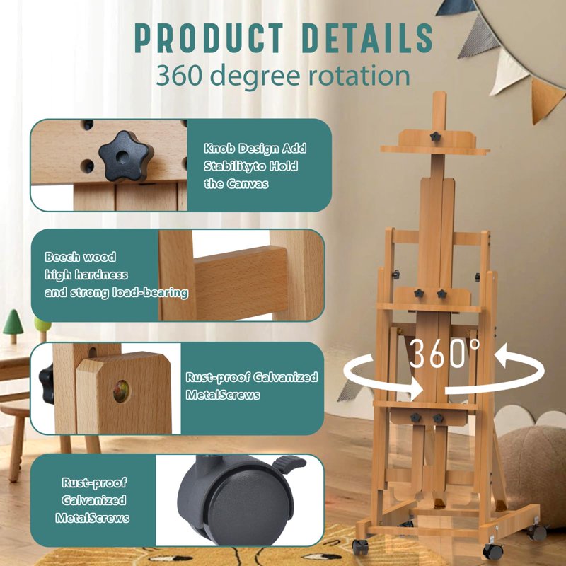 Adjustable Artist Easel for Painting - Wooden H-Frame Stand Fits Canvases Up to 77 Inches