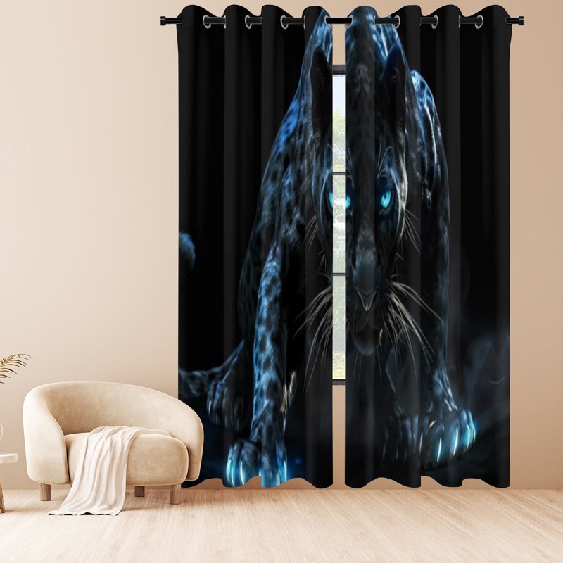 Neon Blue Eyes Black Panther Window Curtains - Blackout Drapes for Bedroom & Living Room
