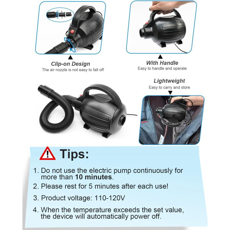 600W Portable Electric Air Pump for Inflatables - Quick-Fill Inflator & Deflator with Nozzles
