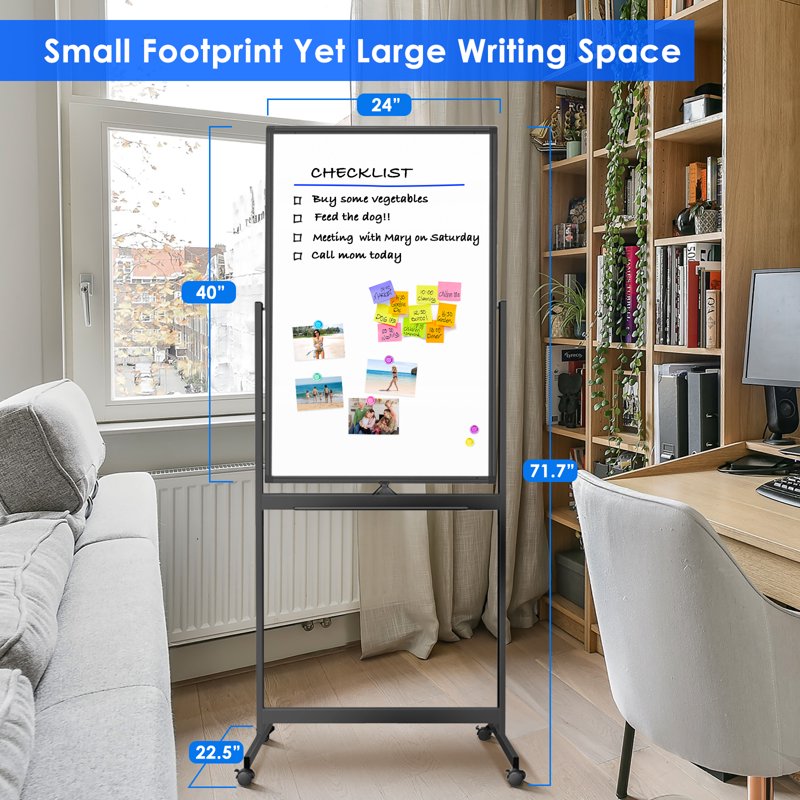 Magnetic Double-Sided Mobile Whiteboard 40x24 Inches with Lockable Wheels