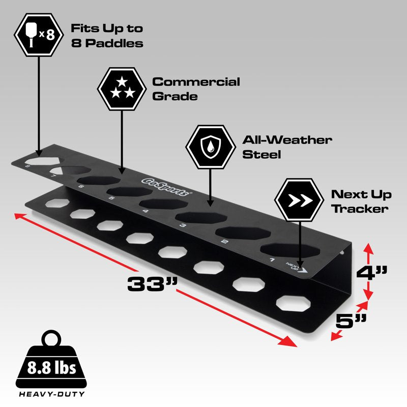 GoSports 8-Paddle Pickleball Paddle Rack for Fence Mount - Commercial Grade