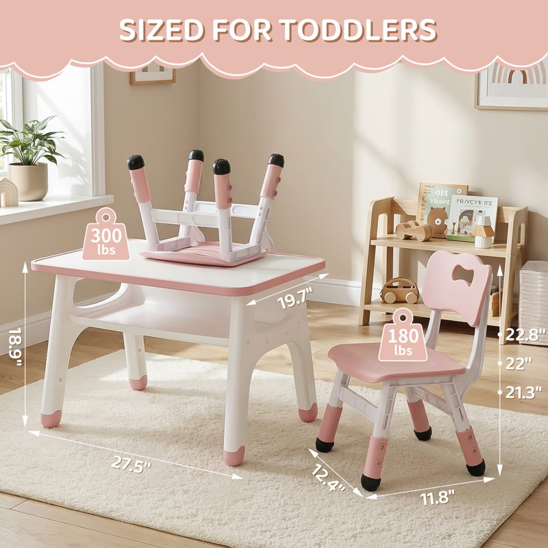 Kids Table and Chair Set with Adjustable Height and Graffiti Desktop - Pink & Yellow