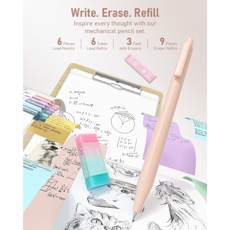 Four Candies Cream 39 PCS Cute Stationery Set with Pen Case – 5 Gel Pens, 12 Pastel Highlighters, 6 Mechanical Pencils