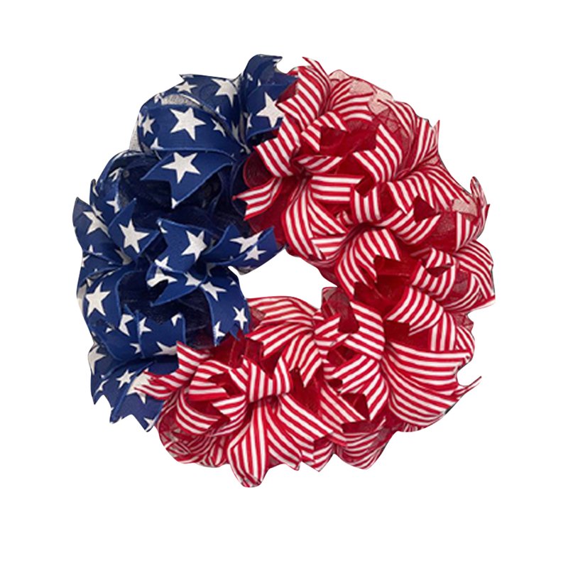 Patriotic Front Door Wreath with Red White Blue Ribbon Stars for Independence Day