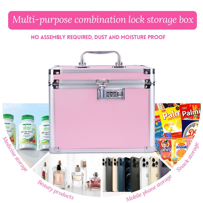 Secure Lock Box with Code Combination for Jewelry, Medicine, and Valuables - Pink, Compact 7.25"x7.75"x10"