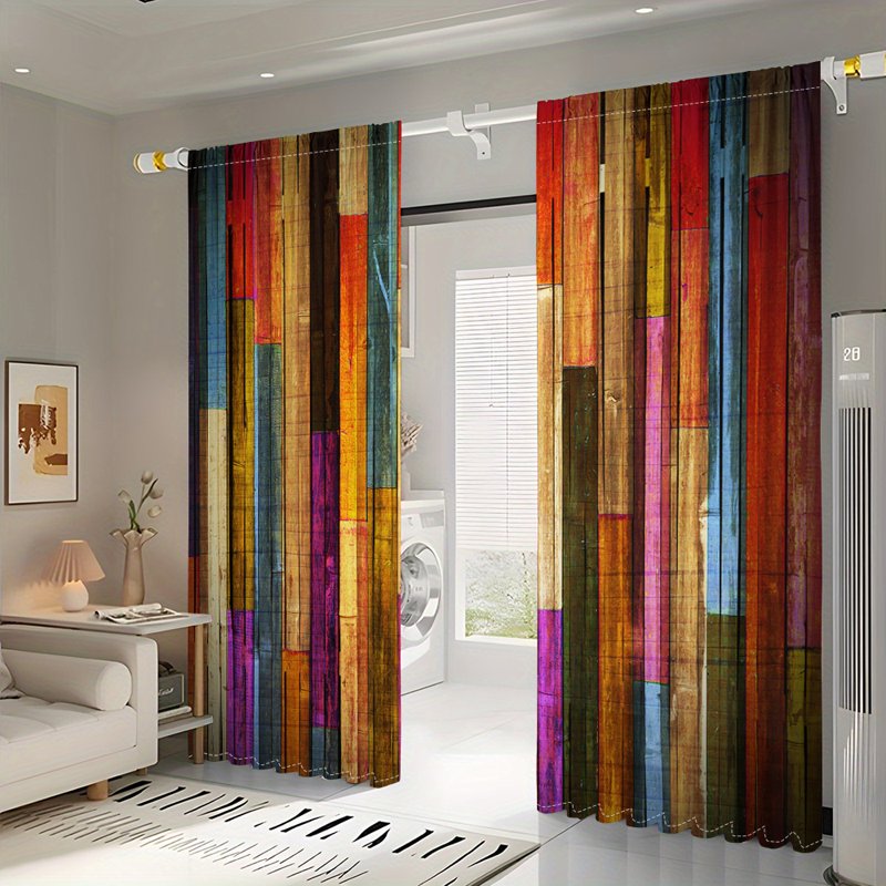 Colorful Wooden Plank Pattern Polyester Curtains Set of 2 for Bedroom & Living Room