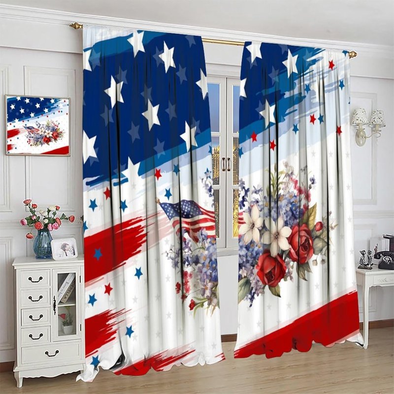 4th of July American Flag Blackout Curtains - Watercolor Flowers & Modern Window Drapes