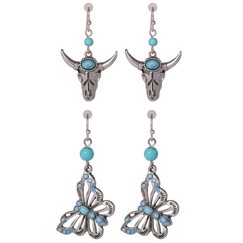Jessica Simpson Women's Faux Turquoise Bull & Butterfly Dangle Drop Earrings Set - 2 Pairs