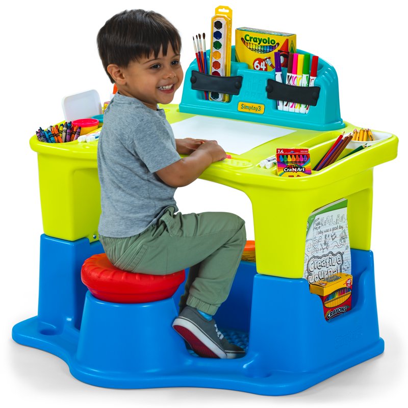 Kids Art & Craft Storage Table with Attached Stool & Multiple Compartments