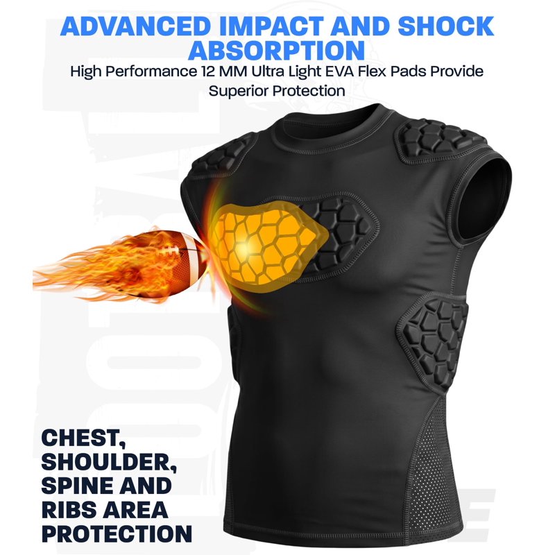 Adult Padded Football Shirt with Chest, Shoulder, Ribs & Spine Protection - Compression, Breathable & Flexible