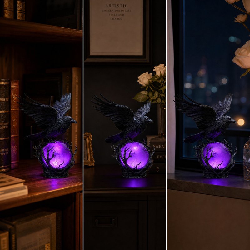 Gothic Crow LED Light Sculpture - Halloween Desk & Bedside Lamp Decor