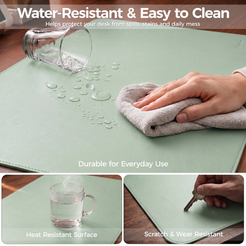 Large Waterproof PU Leather Mouse and Desk Pad Protector, Non-Slip Office & Gaming Surface, Matcha Green, 31.5 x 15.7 inches