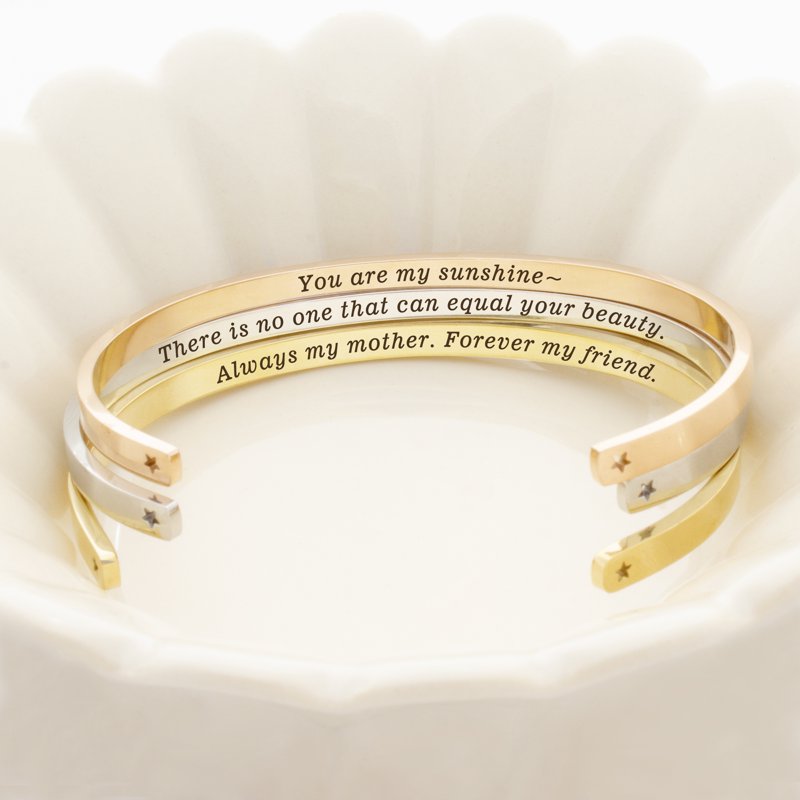 Adjustable Stainless Steel Cuff Bracelet Mother's Day Gift Set - Heart Icon Engraved