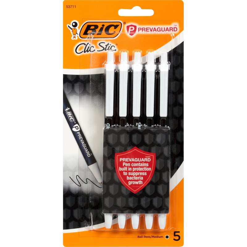 BIC Prevaguard Ballpoint Pens 5-Pack - Antimicrobial Protection, Medium Point