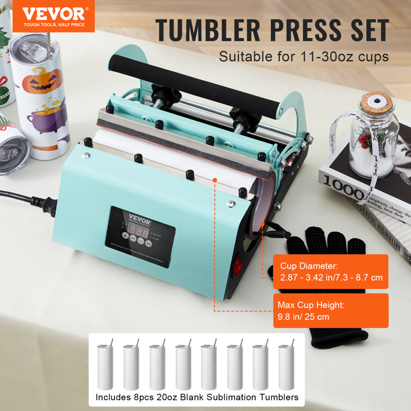 Tumbler Heat Press Machine Kit with 8 Sublimation Tumblers 20oz & Accessories