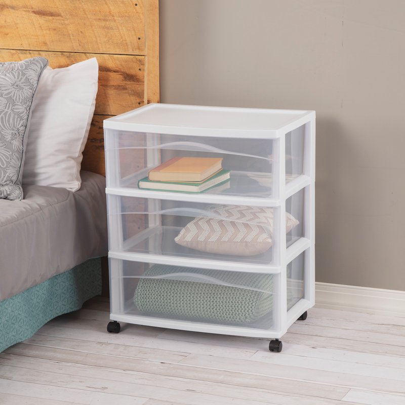 Wide Plastic Storage Cart with 3 Drawers and Casters - Organization Organizer