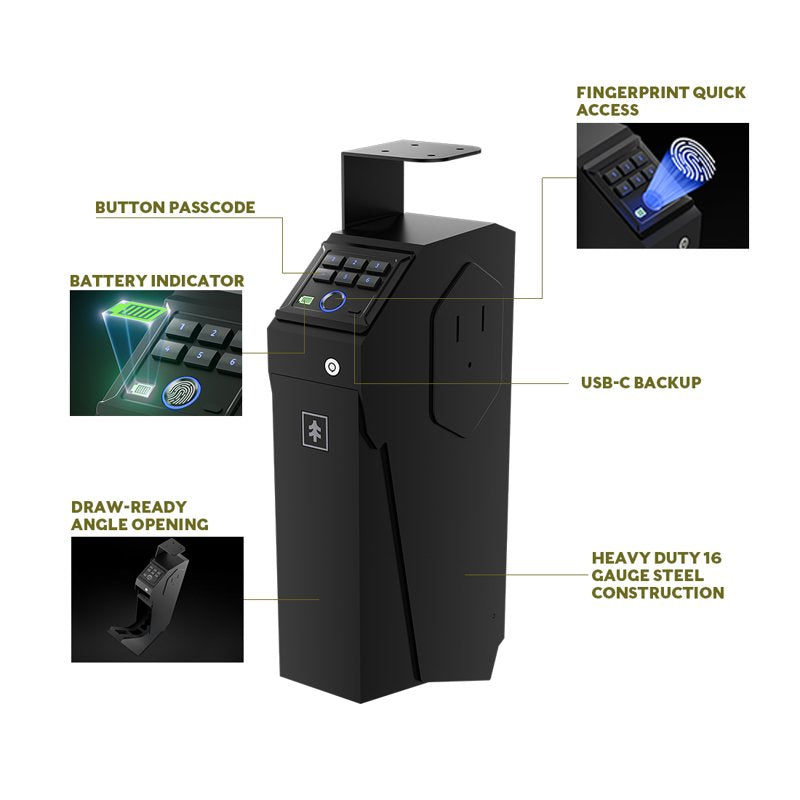 Biometric Gun Safe with Fingerprint & Emergency USB-C Power - Holds 1 Pistol
