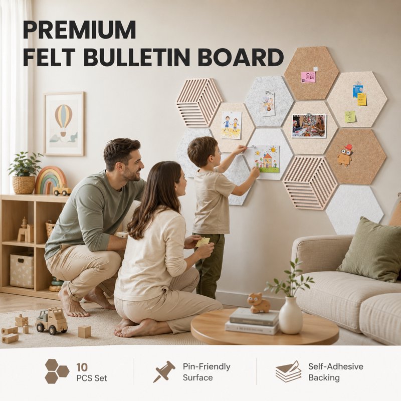 Hexagon Cork Tiles 10 Pack with Pins Self-Adhesive Wall Bulletin Board for Home Office Classroom