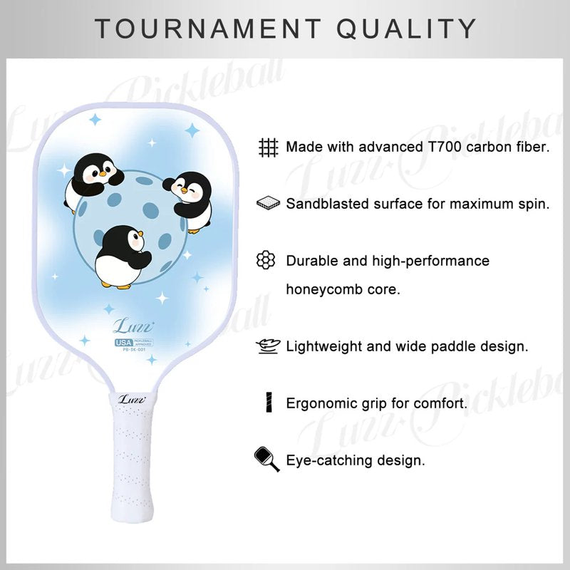 Luzz 16mm Carbon Fiber Pickleball Paddle – Sandblasted 3K T700, USAPA Approved, Penguin Party Variation