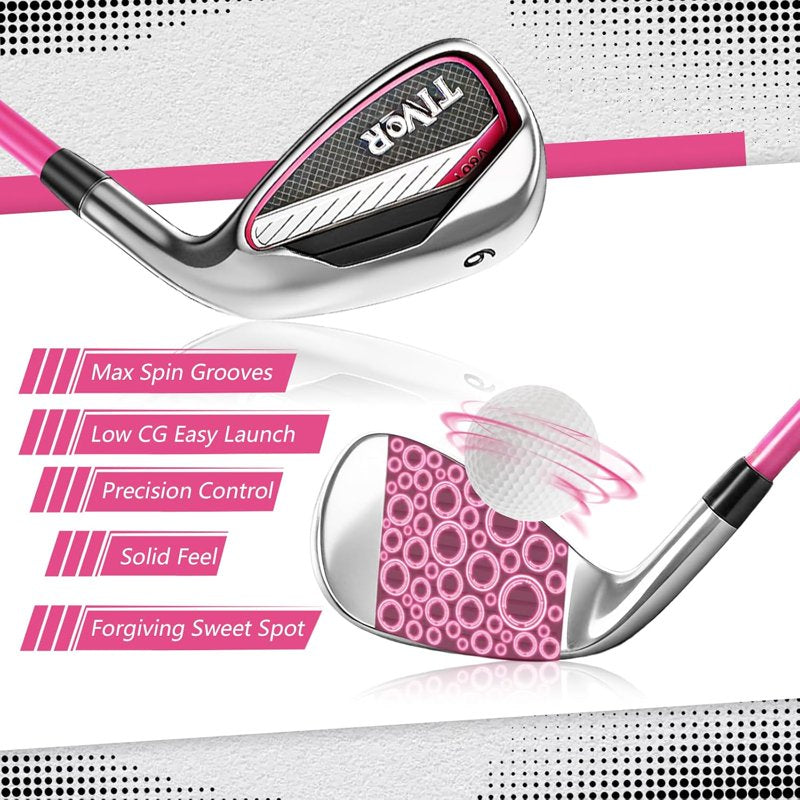 Tivor 6-Piece Golf Club Set for Women Right-Handed - Beginner Complete Set with Driver, Hybrid, 7 Iron, 9 Iron, Sand Wedge, Putter & Stand Bag, Pink