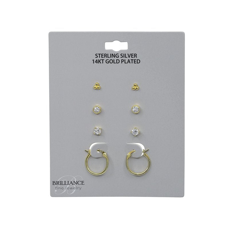Simulated Diamond Earring Set with Click Top Hoop in 14K Gold Plated Silver