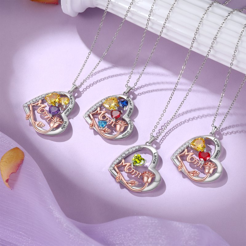 Personalized Heart Family Necklace with Birthstone for Women - Mom Gift