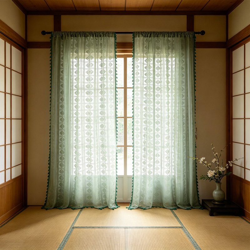 Green Free Size Sheer Embroidered Curtain Panels with Rod Pocket – Semi-Blackout Window Drapes