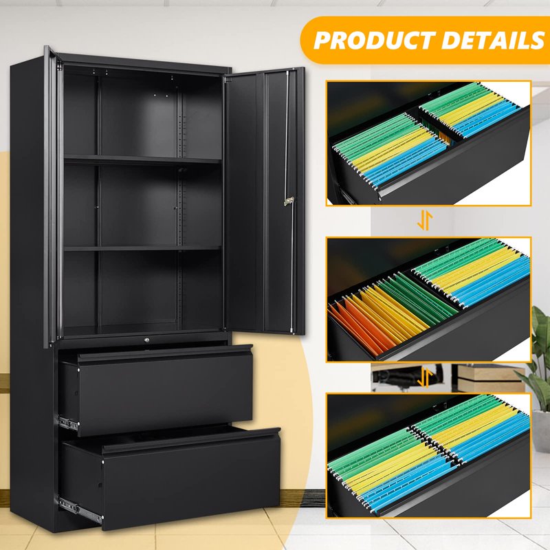2 Drawer Metal Lateral File Cabinet with Locking Storage Shelves - Office & Legal File Storage