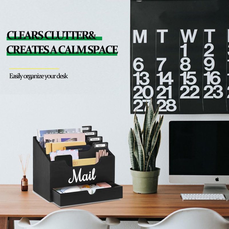 Wood Desktop Mail Organizer with 4 Compartments and Drawer - Office & Home Storage
